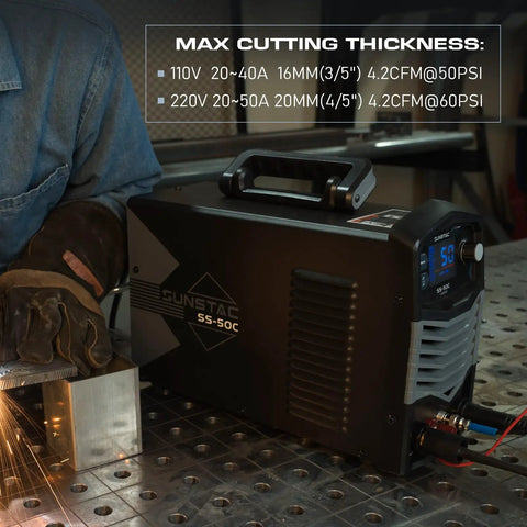 Non Touch Pilot Arc Plasma Cutter With 50 Amp Power, Dual Voltage 110 And 220 Volt IGBT Inverter shown on metal table