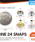 Extended Version Canvas Snaps Kit With 140 Pcs Heavy Duty Stainless Steel Fasteners For Thick Fabric Up To 0.32 Inches, showing snap sizes with coin for scale.