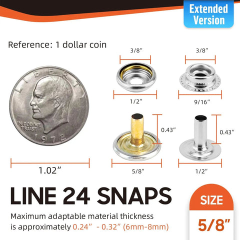 Extended Version Canvas Snaps Kit With 140 Pcs Heavy Duty Stainless Steel Fasteners For Thick Fabric Up To 0.32 Inches, showing snap sizes with coin for scale.