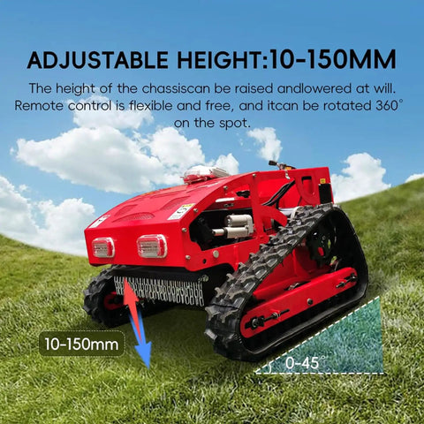 Automatic Remote Control Lawn Mower With Multifunction Mowing Robot on grass slope, adjustable height 10-150mm, red