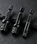 Bothyi Heavy Duty Steel Socket Adapter Converter Reducer Extension Kit With Clear Marks And Secure Grip For Workshop Benches And Mobile Toolboxes That Really Holds Up When You Need It., three black steel socket adapter extensions with quick-release ends