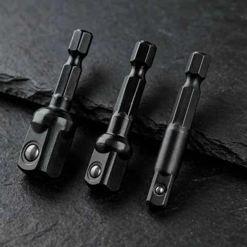 Bothyi Heavy Duty Steel Socket Adapter Converter Reducer Extension Kit With Clear Marks And Secure Grip For Workshop Benches And Mobile Toolboxes That Really Holds Up When You Need It., three black steel socket adapter extensions with quick-release ends