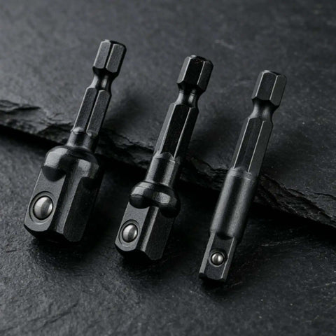 Ultimate Black 3 PCS Impact Adapter Set With Nestable Low Profile Design For Garage Work And Mechanical Repair Tool Organization Featuring Secure Hold Socket Reducers, three black steel adapters