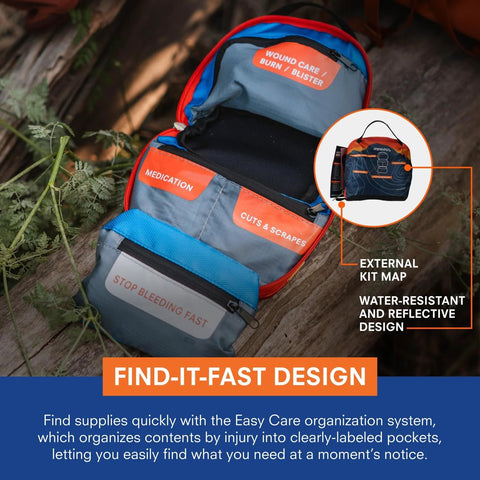 Front view of Mountain Series first aid kit opened to reveal Medication and Cuts & Scrapes pockets in a blue-gray pouch