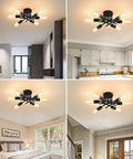 Two Pack Flush Mount Ceiling Lights With Six Light Black Modern Sputnik Chandelier in kitchen and living spaces