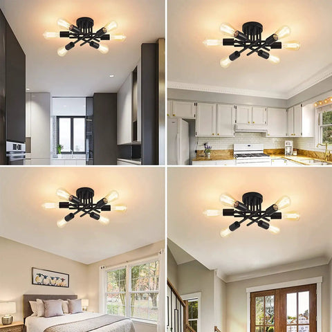 Two Pack Flush Mount Ceiling Lights With Six Light Black Modern Sputnik Chandelier in kitchen and living spaces