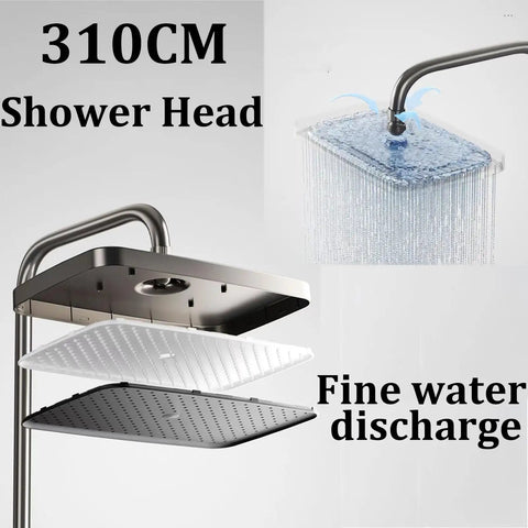 CUTPOIY Thermostatic Shower System, Shower Faucet Set LED Display Rain Shower System with 310CM shower head showcasing water discharge.