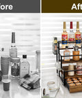 Before and after using 4-Tier Wooden Coffee Bar Organizer with Metal Frame and 36 K Cup Drawer for neat countertop storage.