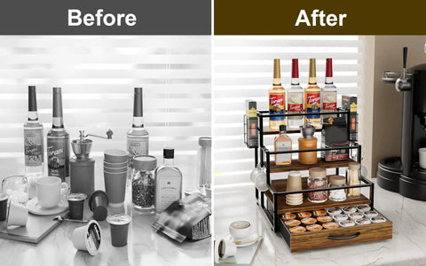 Before and after using 4-Tier Wooden Coffee Bar Organizer with Metal Frame and 36 K Cup Drawer for neat countertop storage.