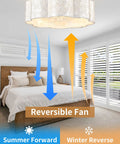 18" Coastal Boho Capiz Shell Ceiling Fan with Light and Remote,Flush Mount in bedroom showing airflow direction.