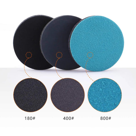 Close-up of three polishing sanding discs with grit ratings 180, 400, 800, from 2 Inch Felt Polishing Buffing Pad Kit With 8 Polishing Sanding Discs And A Felt Wheel With Towel For Rotary Tools To Polish Glass And Metal 3 Millimeter Shank Backing Pad Included 2 Inch Sets Pro Grade.