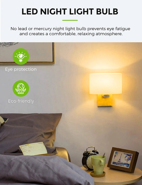 Cozy bedroom setting with LED night light bulb illuminating wall and nightstand, focus on C7 S6 Mini LED Night Light Bulb 1.5W 15W Equivalent.