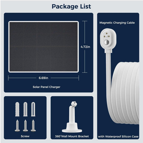 Package contents showing 6V Solar Panel Charger For Arlo Pro 5S 2K Pro 4 Pro 3 Floodlight Ultra 2 Go 2 Ultra Camera With 13 Ft Magnetic Charging Cable IP65 Weatherproof Outdoor Power Solution with cable, screws, and mount bracket.