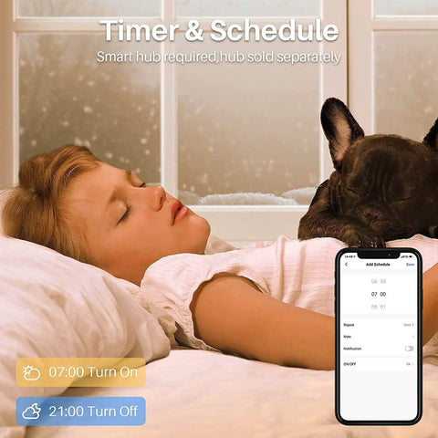 Child sleeping with dog, displaying schedule on phone for Ultra Thin 6 Inch RGB LED Recessed Lights Canless IC Rated Dimmable.