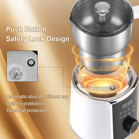 All In One Milk Frother And Steamer With Detachable Base, showcasing push button safety lock, automatic shut-off, and protections.