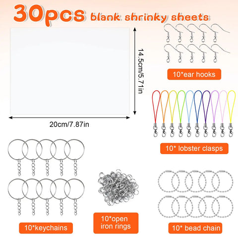 Contents of Shrink Plastic Sheets Kit 171 Pcs For Christmas Crafting Heat Shrink Art Keychain Kit For Kids DIY Crafts