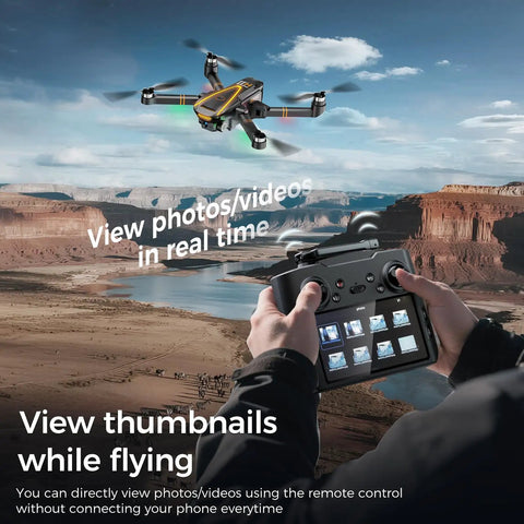 4K EIS Drone With Built In 4 Point 5 Inch Screen for real-time FPV flying over canyon, operator using controller with screen.