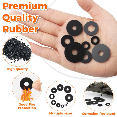 143-Piece Flat Rubber Washers Assortment Kit With 10 Sizes From 7Mm To 30Mm For Screws Hoses Tap Fittings Pipes Shower Hoses And Garden Bolts Diy Go-To Home Repair Must-Have shown in hand with various sizes and features like fire protection