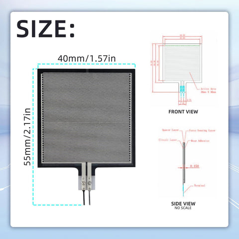 Two Pack Thin Film Pressure Sensor Pads RP S40 ST High Precision FSR406 Force Sensor, front and side view, 40x55mm dimensions