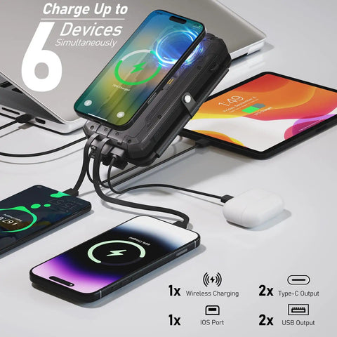 20000mAh Solar Power Bank Portable Charger With Built In Cables And Wireless Charging charging multiple devices