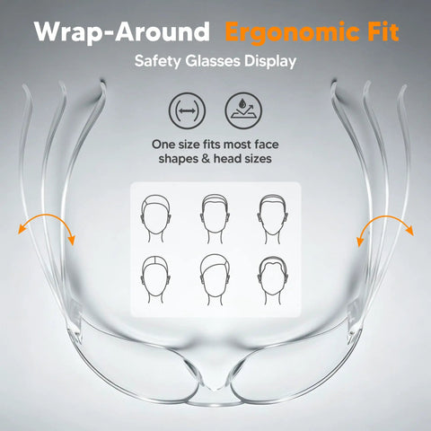 24 Pack Safety Glasses Bulk Haul Featuring Clear Polycarbonate Lenses And Rugged Wraparound Impact Shield ergonomic display showing fit for various face shapes.