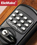 Close-up of Keyless Entry Keypad Deadbolt For Front Door Digital And Mechanical Lock on wood surface in black finish.
