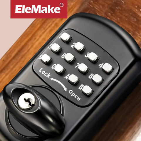 Close-up of Keyless Entry Keypad Deadbolt For Front Door Digital And Mechanical Lock on wood surface in black finish.