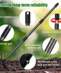 Two-In-One Garden Hoe Tool With Cultivator Rake And 45-Inch Handle showing anti-slip grip, screw-in connection, and rust-resistant features.