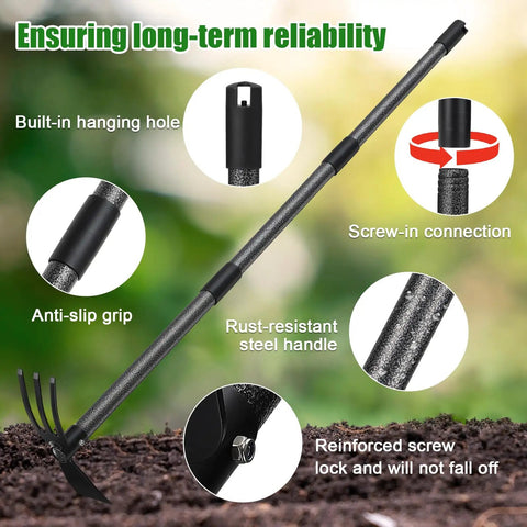Two-In-One Garden Hoe Tool With Cultivator Rake And 45-Inch Handle showing anti-slip grip, screw-in connection, and rust-resistant features.