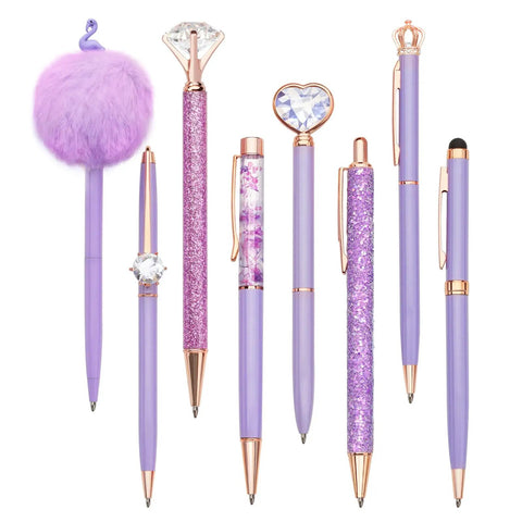 Purple Crystal Diamond Pens Set 8 Metal Pens In Different Styles With Black And Blue Ink For Journaling And Office Use For Women Glam Back To School Essentials And Girl Birthday Gift Idea