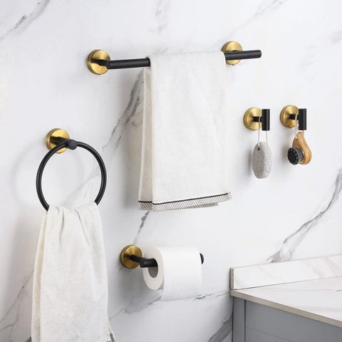 Get Your Hands On This Black And Gold Bathroom Hardware Set That Comes With Two Sixteen Inch Towel Bars Two Toilet Paper Holders Two Towel Rings And Four Robe Hooks Making It A Full Ten Piece Kit Ideal For Any Modern Or Classic Bathroom Setup