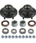 Trailer Idler Hub Kit Set Of 2 For 3500 Lb Axles, 5 On 5 Inch Bolt Pattern, with bearings, grease seals, caps, and lug nuts.
