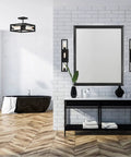 Urban Oasis Matte Black 3 Light Bathroom Vanity Fixture With Industrial Vibe installed in modern bathroom, damp location rated.