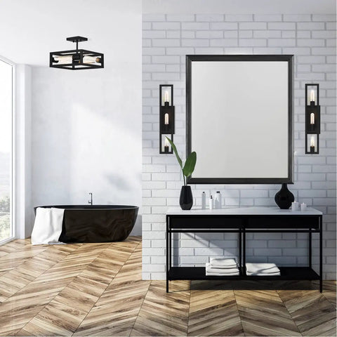 Urban Oasis Matte Black 3 Light Bathroom Vanity Fixture With Industrial Vibe installed in modern bathroom, damp location rated.