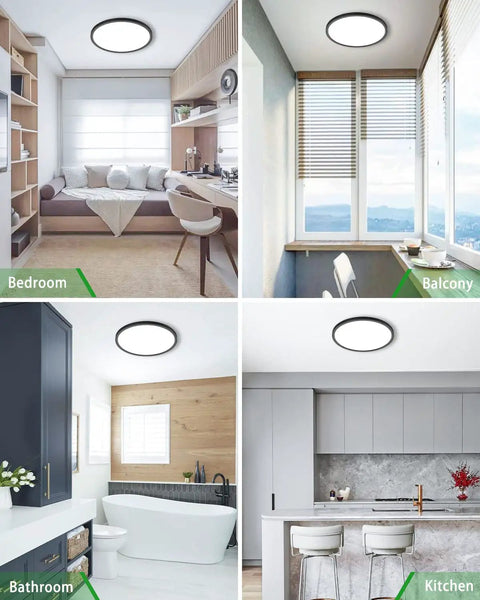 4 Pack 9 Inch LED Flush Mount Ceiling Lights Black, 24W Round Flat Fixture, installed in bedroom, balcony, bathroom, kitchen