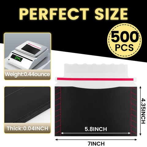 Bulk 500 Pack Trading Card Envelopes 7 by 4.35 inch mailers for shipping, weight 0.44 oz, black semi-rigid protective supplies.