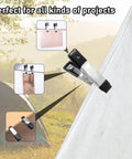 Durable 2 Inch Mini Spring Clamps With Rubber Tips gripping tent, paper, and wood surfaces, showcasing versatility and durability.