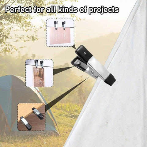 Durable 2 Inch Mini Spring Clamps With Rubber Tips gripping tent, paper, and wood surfaces, showcasing versatility and durability.