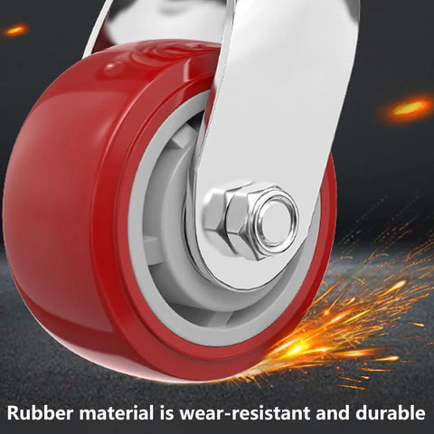 Heavy Duty Industrial Casters Set Of Four Swivel Rubber Wheels With One Touch Brakes Silent Rolling Design For Workshop Carts And Mobile Toolboxes Built Tough To Roll Smooth And Crush Any Heavy Load Today close-up of a durable red rubber caster wheel with a metallic swivel hub.