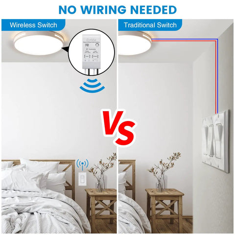 Comparison of Easy Install Wireless Light Switch And Receiver Kit With 300Ft RF Range vs traditional switch installation.