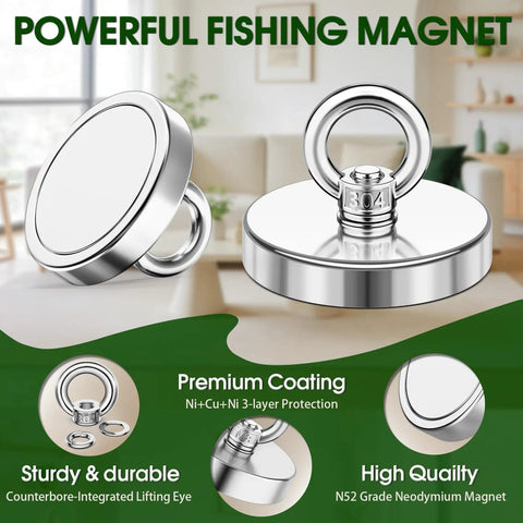 500 Lb Neodymium Fishing Magnet With Eyebolt, 60mm Magnetic Retrieval Magnet, premium coating and sturdy lifting eye