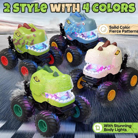 Remote Control Dinosaur Monster Truck For Kids Ages 4 7 8 12 With 50 Minutes Plus Runtime LED Lights Spray Effect 360 Degree Spin
