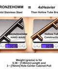 Comparison of BRONZEHOMM solid stainless steel cabinet pull and hollow tube pull on digital scales.