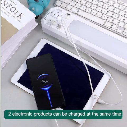 18 Inch Plug In Under Cabinet Light Bar With 2 USB Ports And 5 Ft Power Outlet showing devices charging on a desk