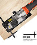 Yunirvana compact circular saw with laser guide, orange/black body on wood with guide rail; includes two 4-1/2 in blades