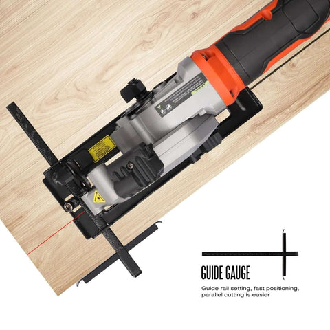Yunirvana compact circular saw with laser guide, orange/black body on wood with guide rail; includes two 4-1/2 in blades
