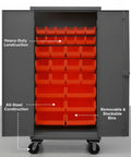 Rock Solid Industrial Mobile Steel Storage Cabinet 36 X 24 X 81 Inches with 30 red sorting bins and smooth roll casters.