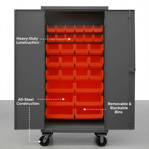 Rock Solid Industrial Mobile Steel Storage Cabinet 36 X 24 X 81 Inches with 30 red sorting bins and smooth roll casters.