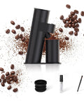 Single Dose Burr Coffee Grinder With 46Mm Conical Steel Burrs And 45 Micro Grind Steps For Smooth Espresso Shots Or Clean Pour Over features black design and coffee beans scattered.