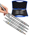 Hand holding Pro Mohs Hardness Test Kit 4 Pack Dual End Scratch Tester Pens 2 9 Range Stainless Steel With Handy Storage Box For Mineral Gemstone Ceramic Tile Floor Checks And DIY Rock Hound Projects, 4 pens